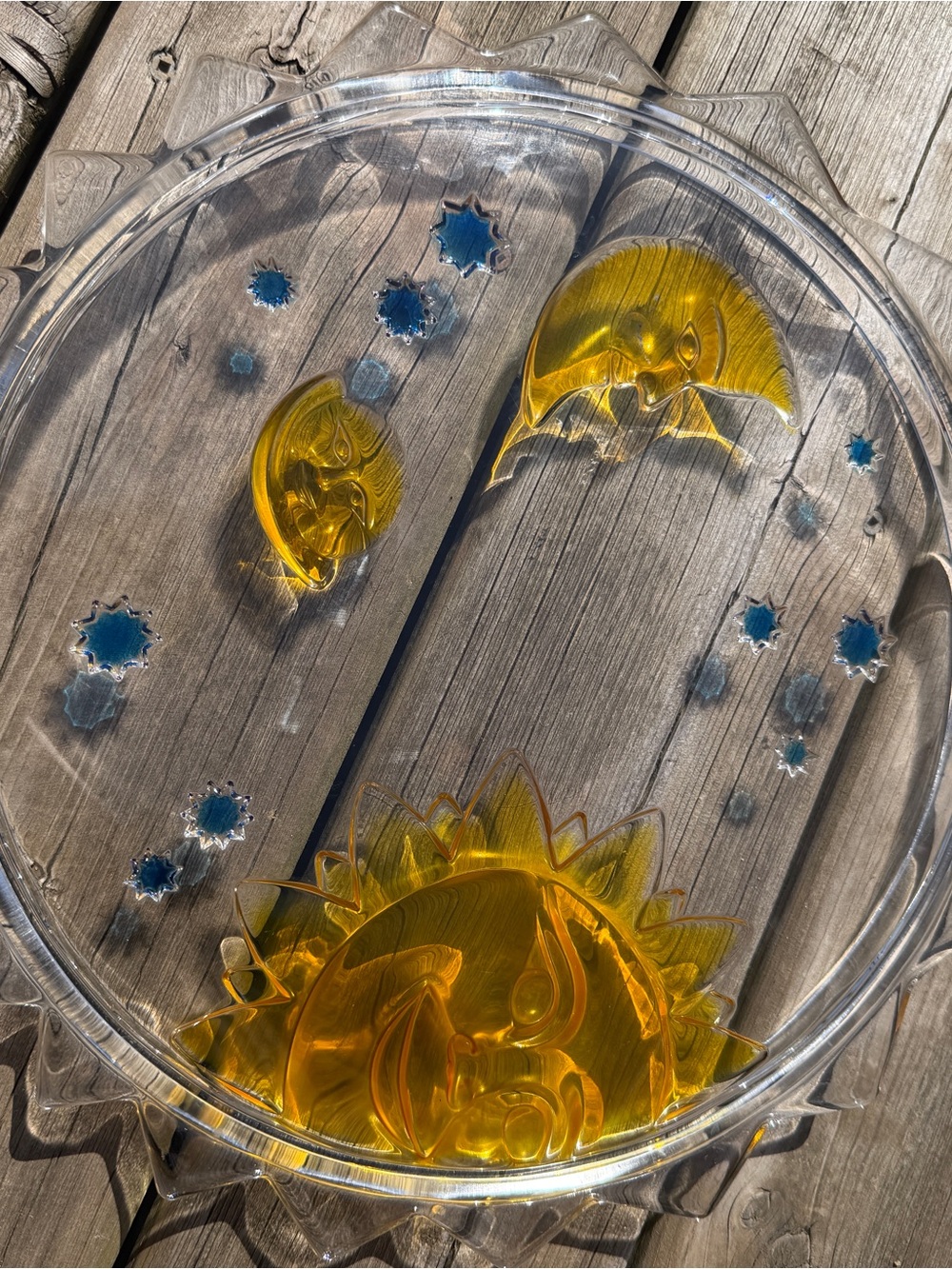 Vintage Celestial Sun Moon Glass Tray 12” Amber Blue Stars Decorative Plate - Picture 11 of 16